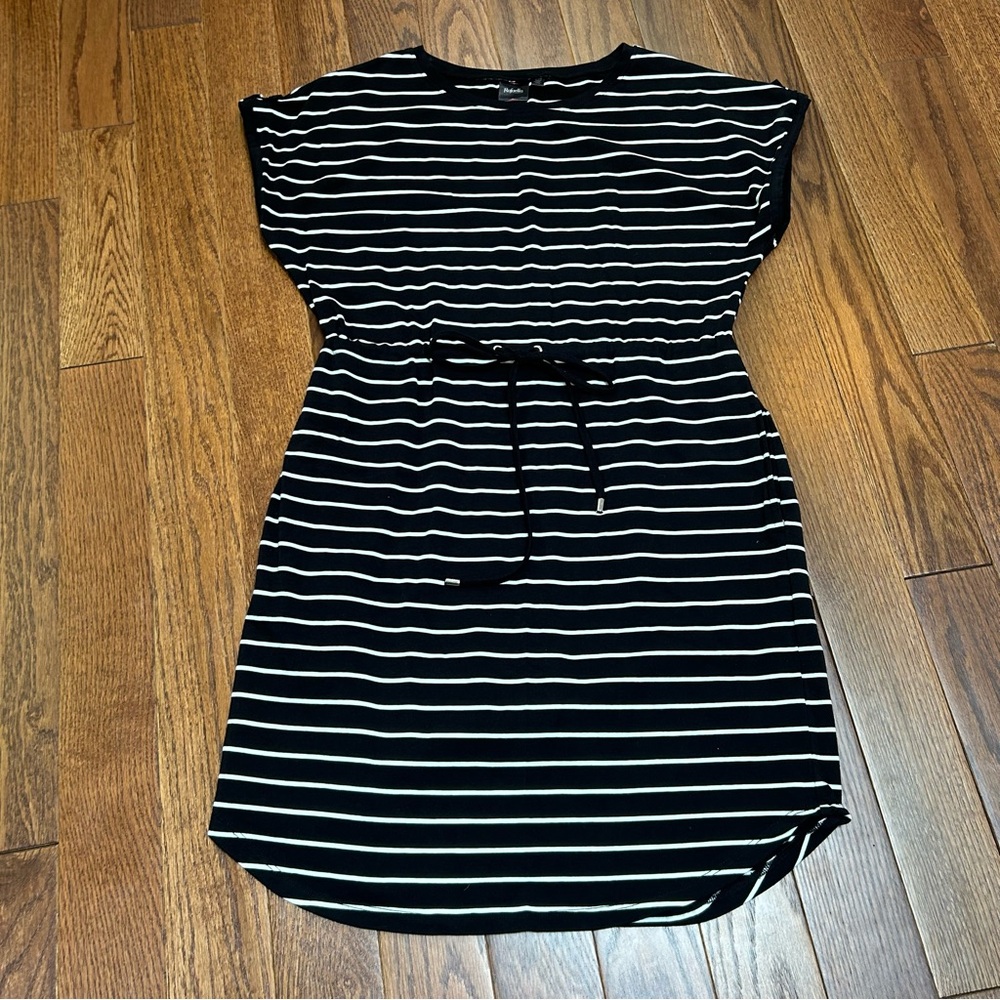 Rafaella Black and White Striped Knee Length Knit Dress with Drawstring Waist